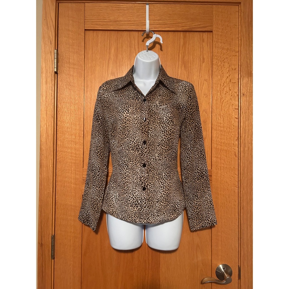 Vintage A. Byer Leopard Animal Print Button Down Blouse Brown Tan Long Sleeve S